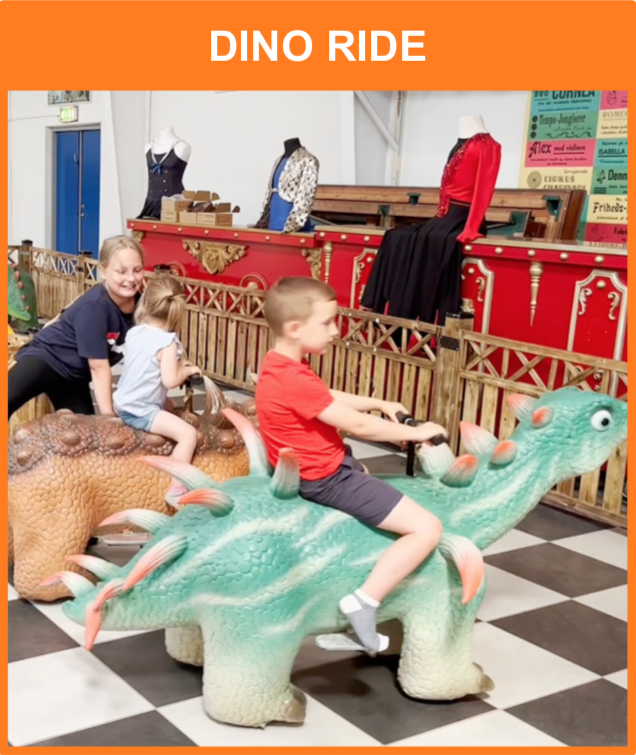 Dino Ride
Børne aktivitet med elektriske Dinosaurer
*