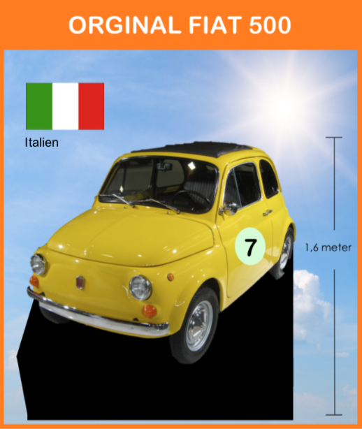 -
Original Fiat 500 opstillet på podie med flag, flagstang og info. stander m.m.
Størrelse: 1,8 x 2,4 x 1,6 meter