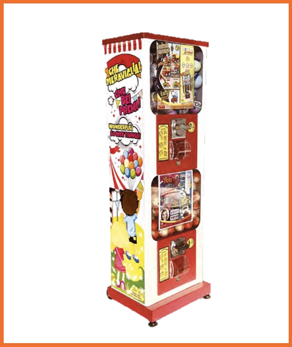 B011
Dobbelt bold automatic m/ møntindkast
Kapasitet. 200 stk. Ø47 eller 90 stk. Ø65 cm.
Størrelse: L. 38,5 x D. 33 x H. 117 cm.
Farve: Rød
Vægt: 22 kg.
Møntindkast: Efter ønske
Produceret i: Italien
*