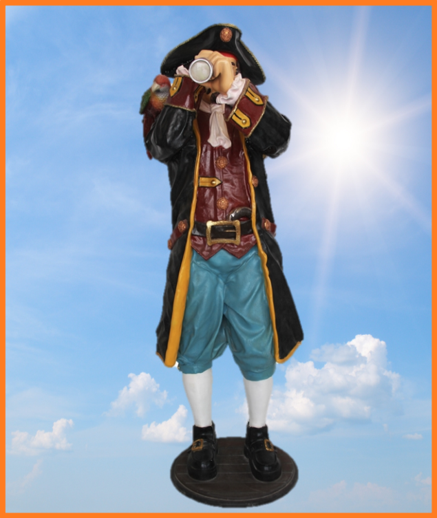 -
SØRØVER MED KIKKERT
Virkelig flot og livagtig sørøver figur i farverigt pirat tøj med udtræks kikkert
Størrelse: 200 cm. høj