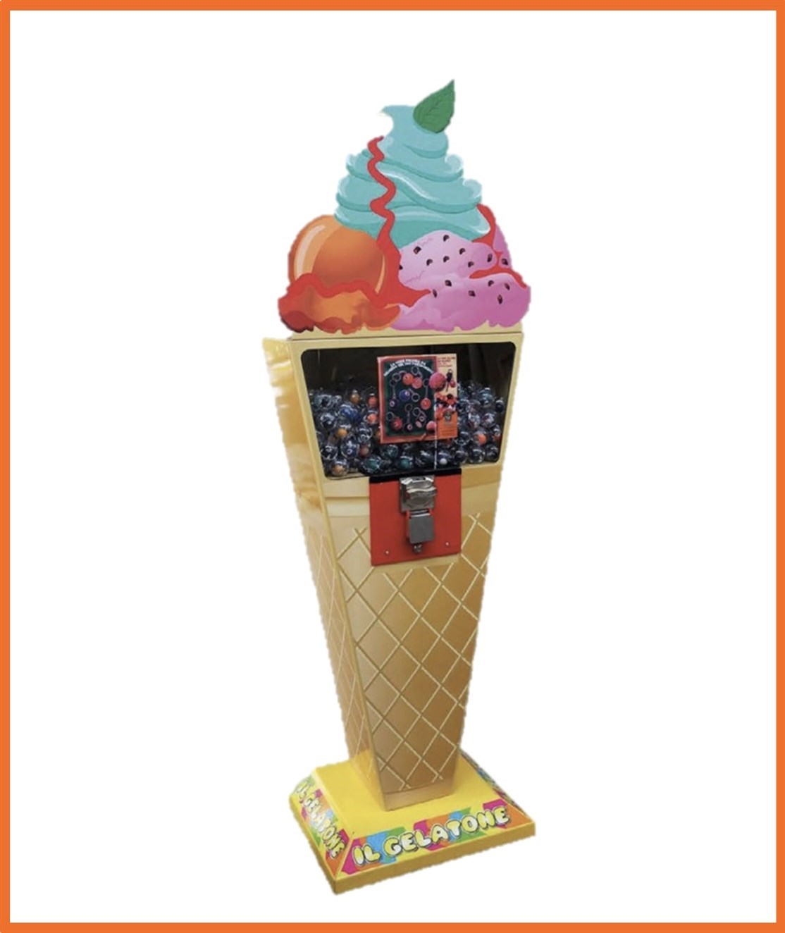 F012
Bold Automat m/ Is design
Kapasitet. 2000 x Ø50 / 86xØ65 mm.bolde
Størrelse: L. 55 x D. 43,5 x 153 cm.
Farve: Isvaffel billede
Vægt: 20 kg.
Møntindkast: Efter ønske
Produceret i: Italien
*