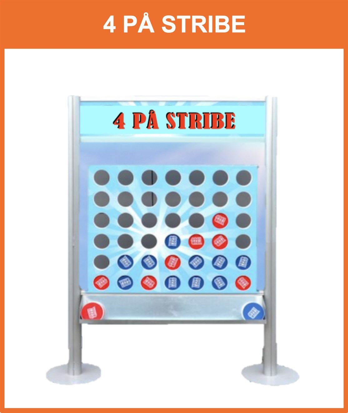 4 PÅ STIBE
Lej et populært strategi-spil "4 på stribe" i ekstra stor udgave på 2 x 2 meter, og man spiller 2 mod hinanden med det mål at være først til at få 4 brikker på stribe, enten vandret, lodret eller diagonalt
*