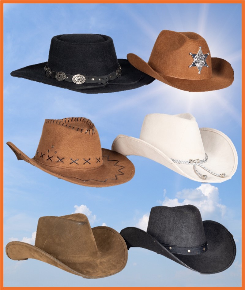 # WW0010
Cowboy Hatte i mange former & farver
Materiale: Stof
Størrelse: M-L-XL-XXL 
Lejepris kr. 350.- + moms & fragt