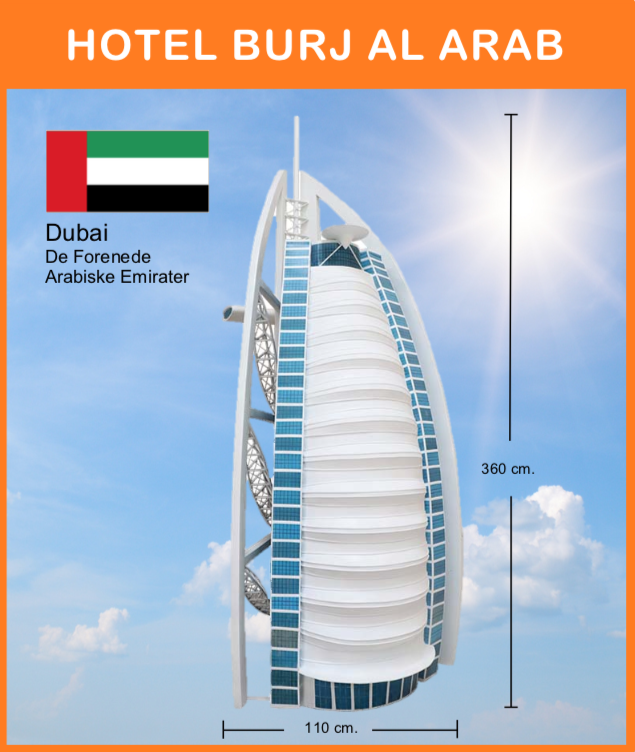 Hotel Burj Al Arab, Dubai
Opstillet på sort podie med flagstang, flag og info. skilt.
Størrelse: 105 x 105 x 340 cm.
*