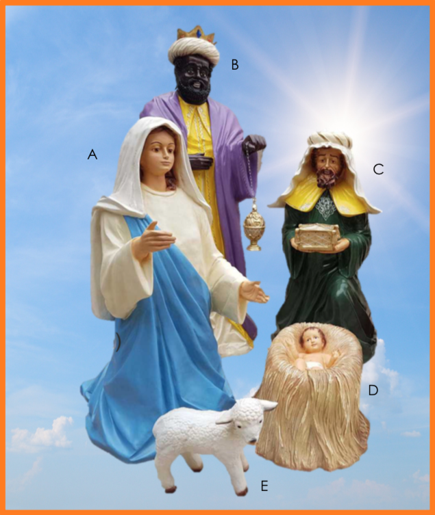 Krybbespil med Jomfru Maria, Jesus barnet, vise mænd og dyr m.m.
A. Jomfru Maria knælende, 83 cm. høj
B. Vismand i lilla frakke, 125 cm. høj
C. Vismand i grøn jakke siddende, 96 cm. høj
D. Jesus barnet i krybbe, 30 x 52 cm.
E. Lille lam (fås i flere størrelser)