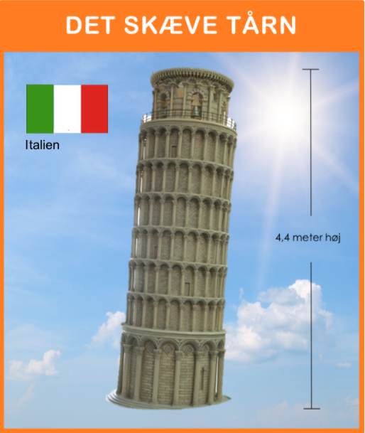Det Skæve Tårn i Pisa
Opsættes på podie, med det Italienske flag på flagstag, samt med div. remedier og info. skilt.
Størrelse: 1,3 x 1,3 x 4,4 meter
*