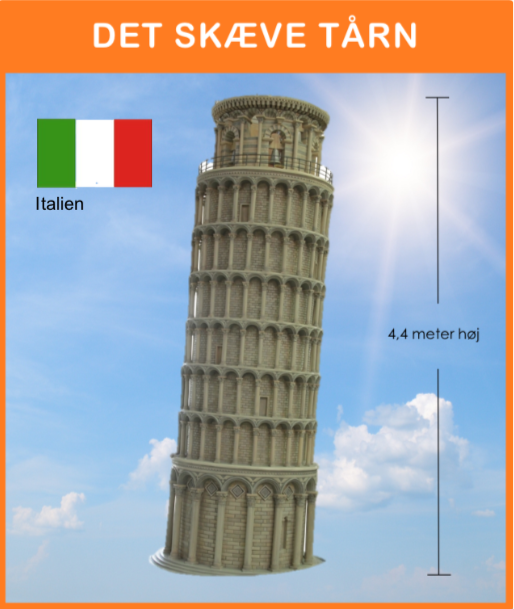 Det Skæve Tårn i Pisa
Opsættes på podie, med det Italienske flag på flagstag, samt med div. remedier og info. skilt.
Størrelse: 1,3 x 1,3 x 4,4 meter
*