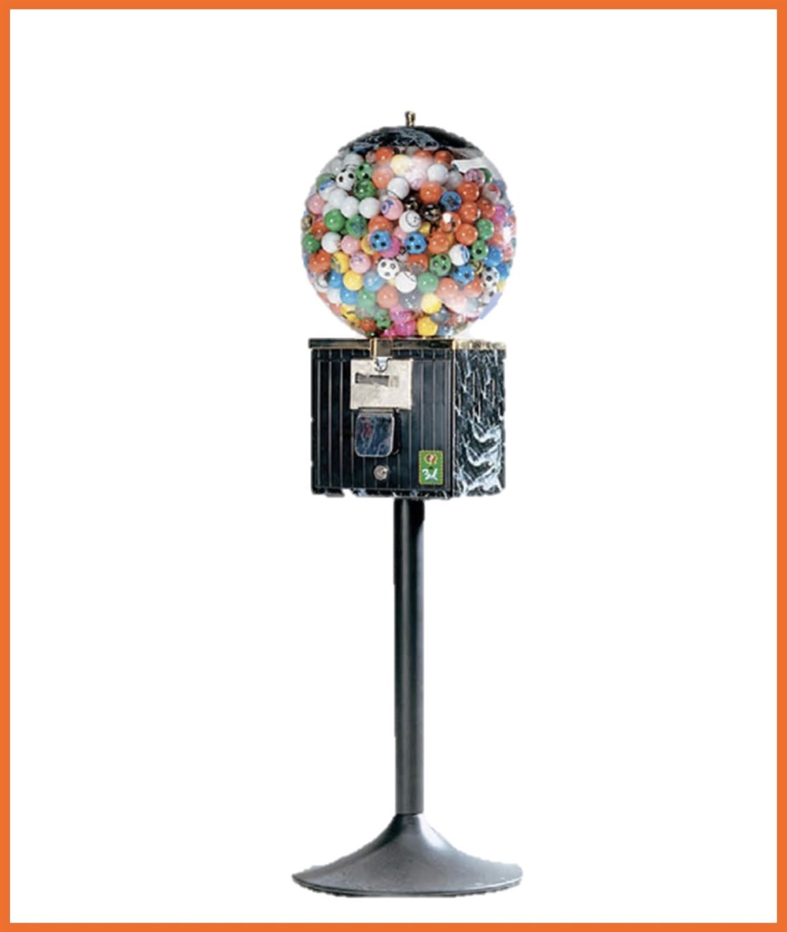 F004
US Bold Automat på stel
Kapasitet. 1.000 stk. str. Ø32 mm. bolde
Størrelse: Ø 35 cm.
Farve: Sort
Vægt: 11 kg.
Møntindkast: Efter ønske
Produceret i: Italien
*