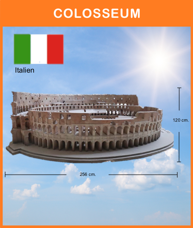 Colosseum, Rom, Italien
Monumentet alle kender opstilledet på sort podie med flagstang, flag og info. skilt.
Størrelse: 200 x 256 x 125 cm.
*