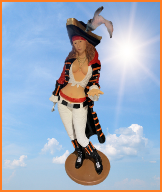 -
SØRØVER KVINDE
Flot sørøver kvinde med sørøver hat, fjer og tøj som passer til ethvert sørøver event
Størrelse: 190 cm. høj