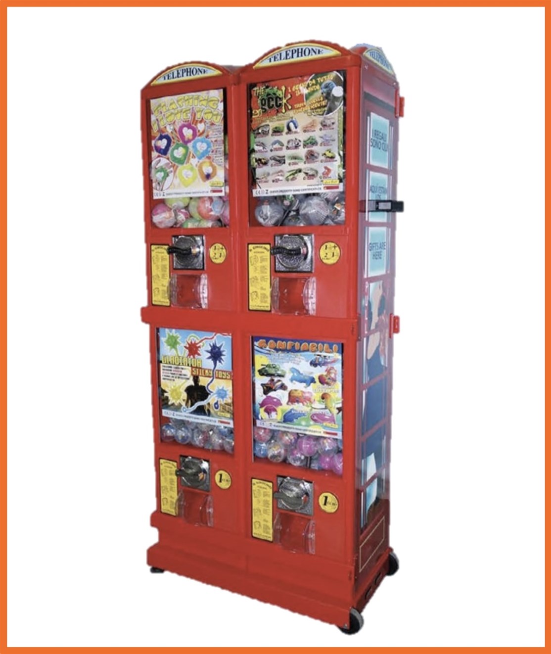 # FB002 / SRVMTD09
Dobbelt London Automat
Kapasitet. 170 stk. Ø47 eller 80 stk. Ø65 cm.
Størrelse: L.60 x D. 33 x H. 126 cm.
Farve: Rød
Vægt: 50 kg.
Møntindkast: Efter ønske
Produceret i: Italien
*