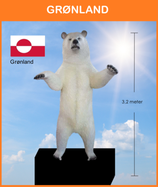 Grønlandsk Isbjørn i national dragt, flag på flagstang og div. remedier og info. skilt.
Størrelse: 1,5 x 1,5 x 3,1 meter
*
