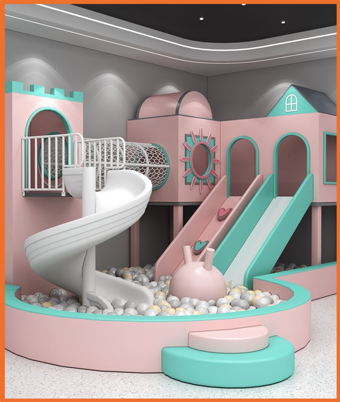 Lille legeland tilpasser mindre børn med dobbelt rutsjebane og bold bassin i lyserøde & grønne farver
*