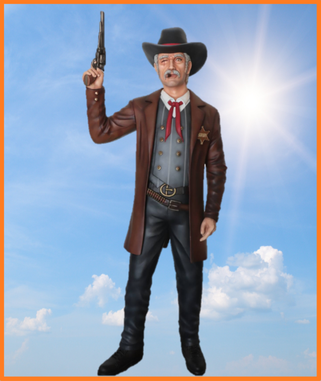-
Sheriff med cigar & pistol
Materiale: Glasfiber
Højde: 190 cm.