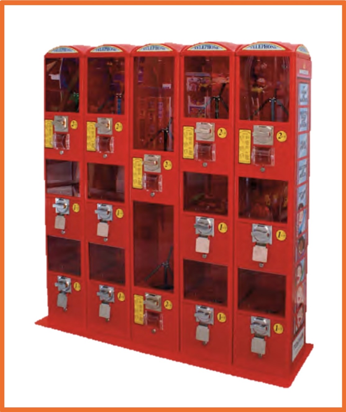 B007
Ny 5 dobbelt London Automat X6
Kapasitet. 10 rum / meget stor
Størrelse: L. 142 x D. 43 x H. 147 cm.
Farve: Rød
Vægt: 120 kg.
Møntindkast: Efter ønske
Produceret i: Italien
*