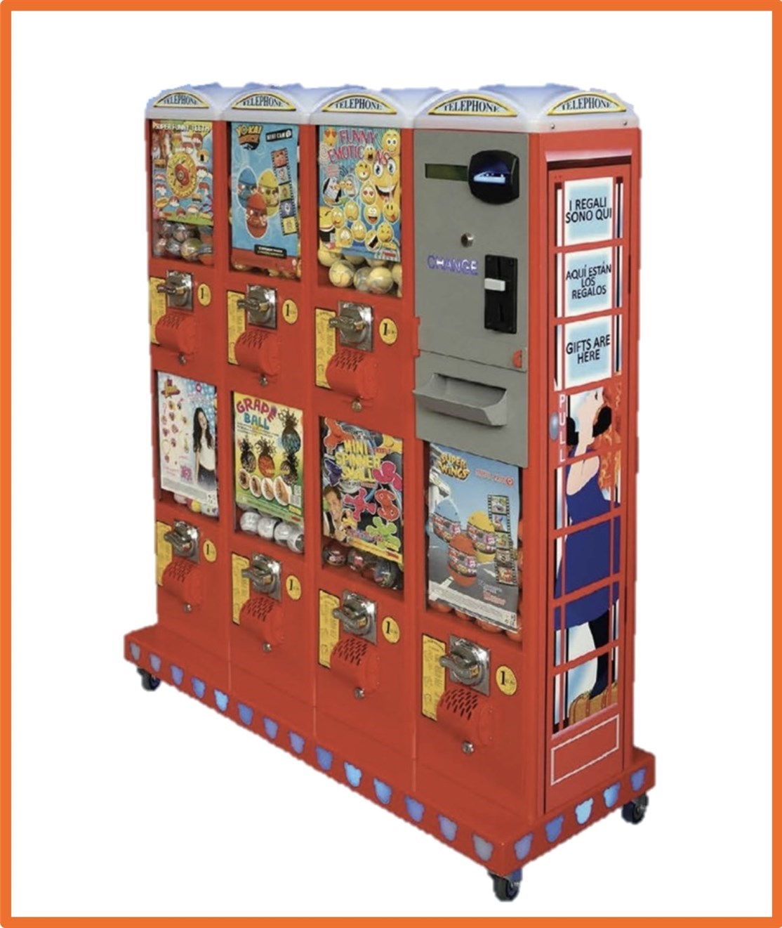 B008
7 Bold Automater m/ veksel station
Kapasitet. 70 stk. Ø47 eller 80 stk. Ø65 cm.
Størrelse: L. 110 x D. 40 x H. 133 cm.
Farve: Rød
Vægt: 90 kg.
Møntindkast: Efter ønske
Veksel Automat: sedler
Produceret i: Italien
*