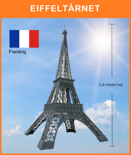 Eiffeltårnet, Paris
Opsættes på 4 podier, med det Fransk flag på flagstang, samt med div. remedier og info. skilt.
Størrelse: 2,4 x 2,4 x 5,4 meter
*