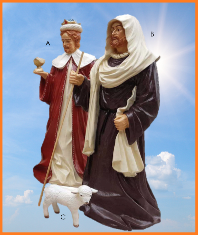 Krybbespil med Jomfru Maria, Jesus barnet, vise mænd og dyr m.m.
A. Vismand i rød jakke, 125 cm. høj
B. Vismand i brun frakke, 117 cm. høj
D. Lille lam (fås i flere størrelser)