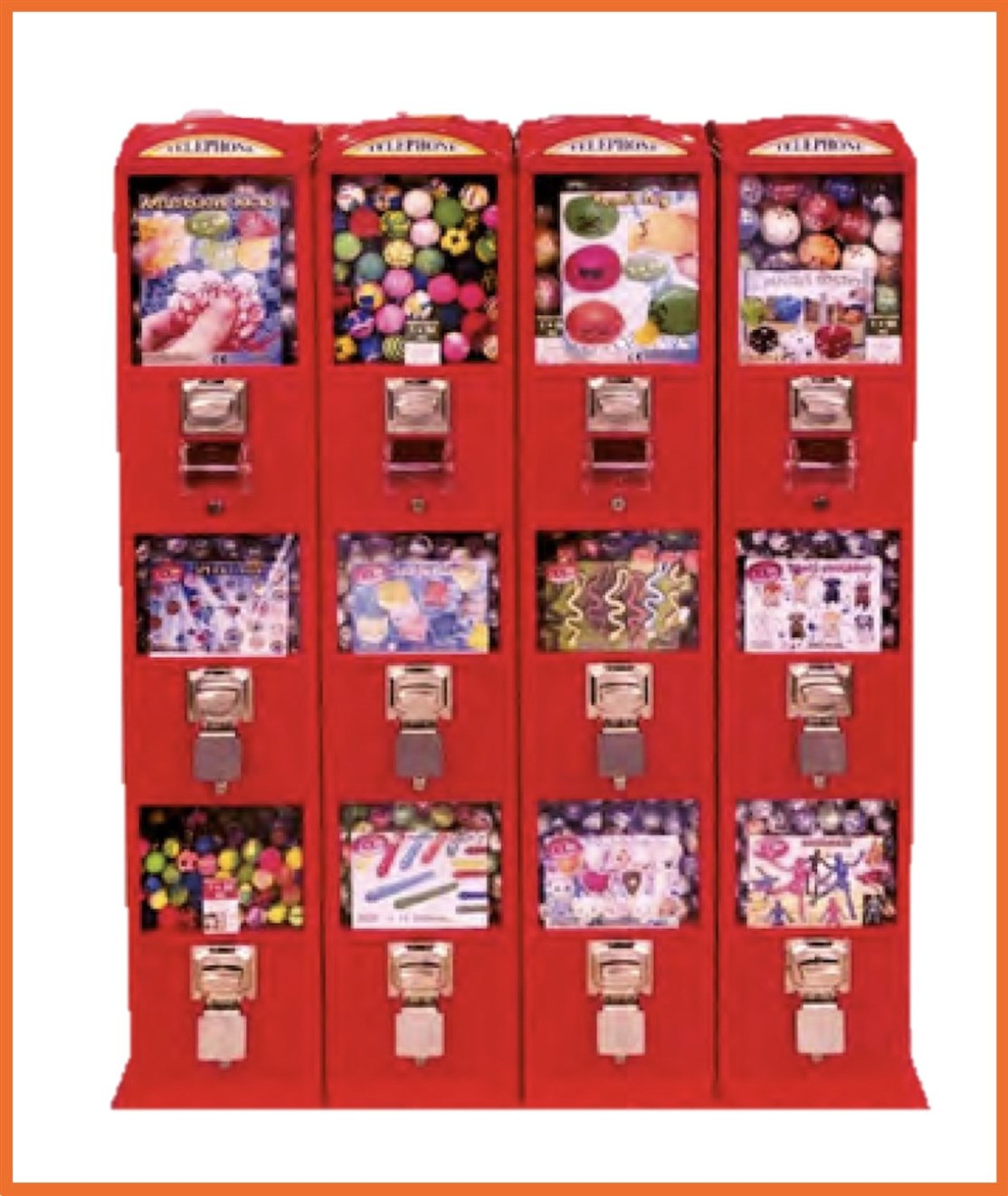 B006
Ny 4 dobbelt London Automat X6
Kapasitet. 600 x Ø432 / 600 x Ø34 cm. / 170 x.Ø60 cm.
Størrelse: L. 110 x D. 40 x H. 133 cm.
Farve: Rød
Vægt: 90 kg.
Møntindkast: Efter ønske
Produceret i: Italien
*