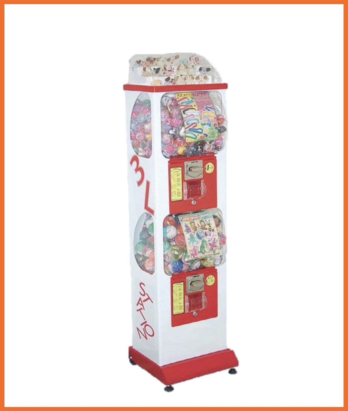# FB003 / SRVMMS01
Dobbelt Bold Automater m/ top display
Kapasitet. 250 stk. Ø47 eller 100 stk. Ø65 cm.
Størrelse: L. 37 x D. 37,5 x H. 146,5 cm.
Farve: Hvid/Rød
Vægt: 25 kg.
Møntindkast: Efter ønske
Produceret i: Italien
*