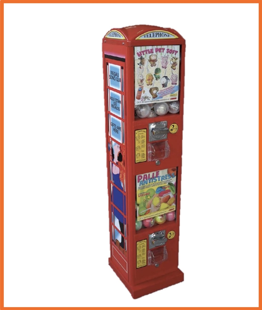 # FB001 / SRVMTLS05
Klassik London Automat
Kapasitet. 170 stk. Ø47 eller 80 stk. Ø65 cm.
Størrelse: L. 27 x D. 27 x H. 124 cm.
Farve: Rød
Vægt: 25 kg.
Møntindkast: Efter ønske
Produceret i: Italien
*