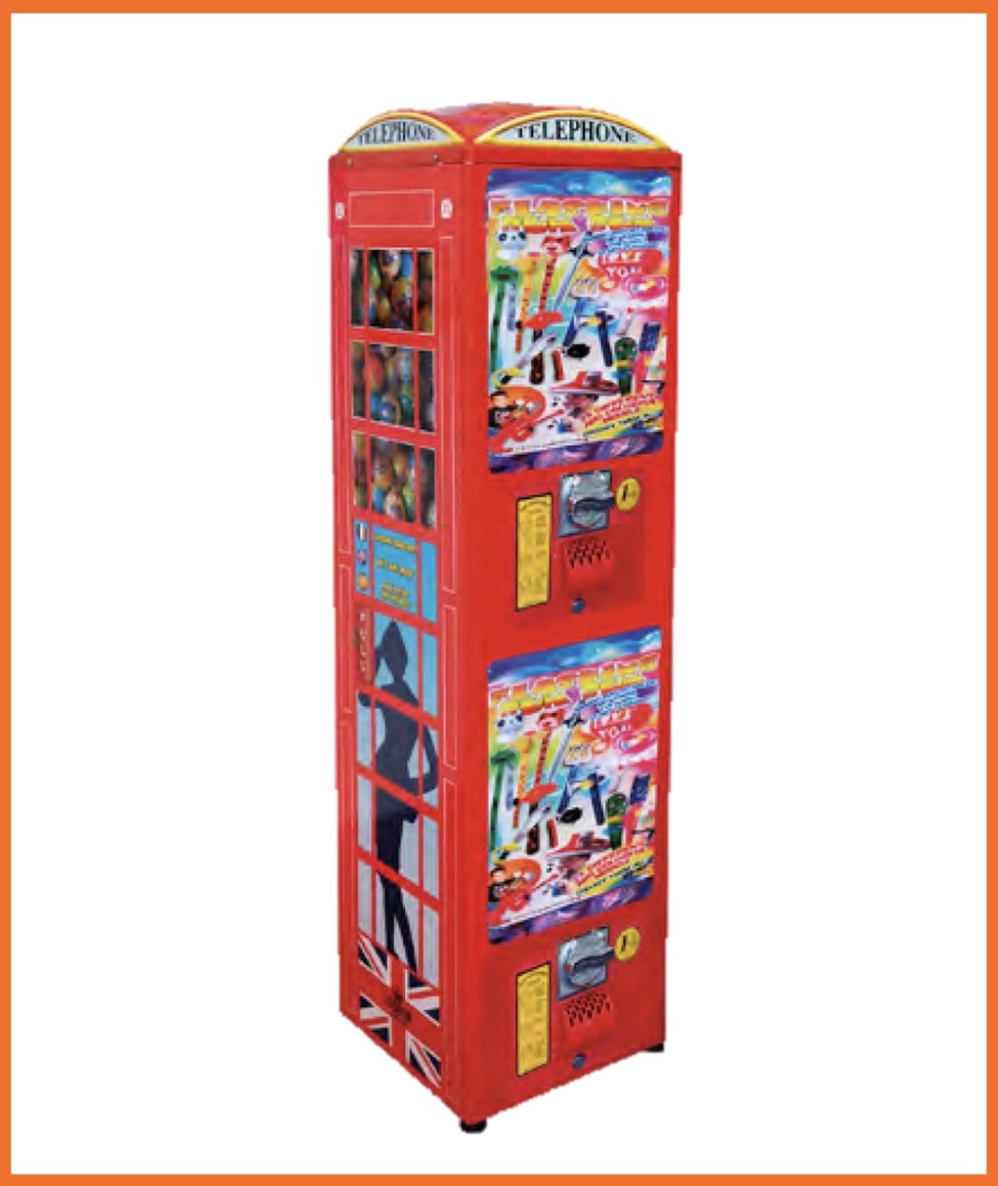 B019
Stor Telefon Automat "tripple"
Kapasitet. 350xØ50 / 150xØ65 cm. bolde
Størrelse: L. 38 x D. 43 x 173 cm.
Farve: Rød
Vægt: 35 kg.
Møntindkast: Efter ønske
Produceret i: Italien
*