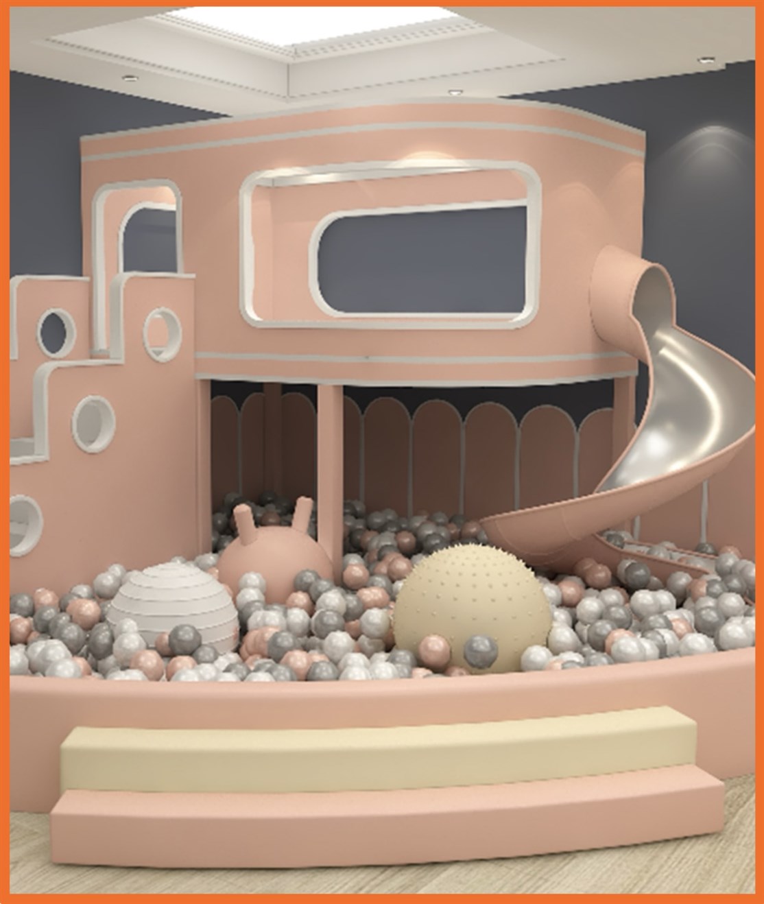 Legeland med huler og rutsjebane til mindre børn
Bold bassin med legeaktiviteter efter ønske
*