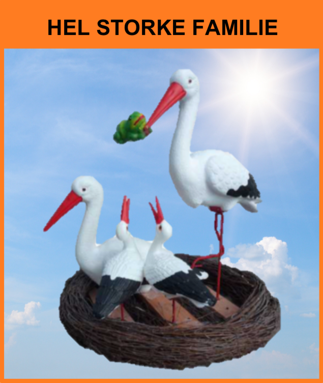 B 092 / A365
Komplet Storke Familie i Storkerede
Størrelse: 80 cm.