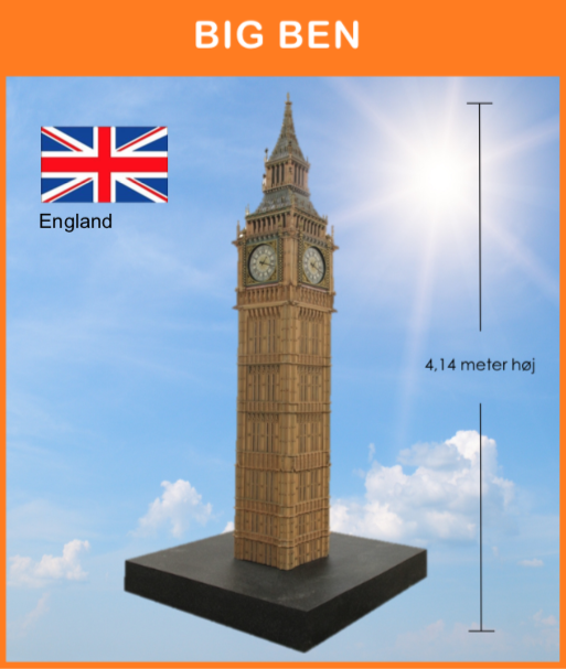 Big Ben, London
Opstillet på podie, med det Britiske flag på flagstang og med div. effekter og info. skilt.
Størrelse: 1 x 1 x 4,14 meter
*