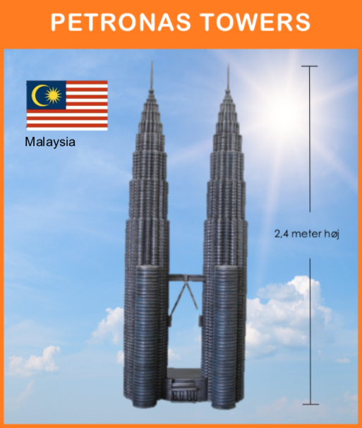 Petronas Twin Towers, Kuala Lumpur, Malaysia
Opstilles på podie, med Malaysias flag på flagstang, med div. remedier og info. skilt.
Størrelse: 1,3 x 1 x 2,4 meter
*