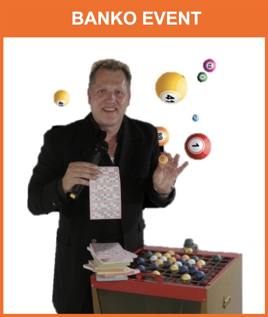 BINGO & BANKO
Lej en professionel banko maskine, hvor boldene blæses rundt med vind og lys, og hvor boldene kommer op en efter en og herefter kan ligges på plads, så du hurtigt og nemt kan tjekke om rækken eller pladen er korrekt
*