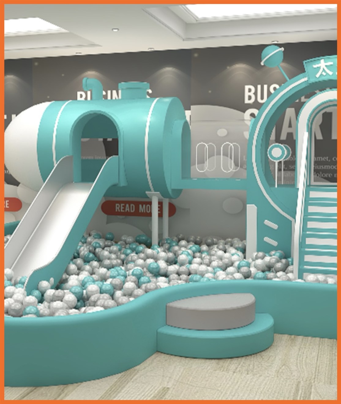 Lille legeland tilpasser mindre børn med rutsjebane, bold bassin med mere i lysgrønne farver
*