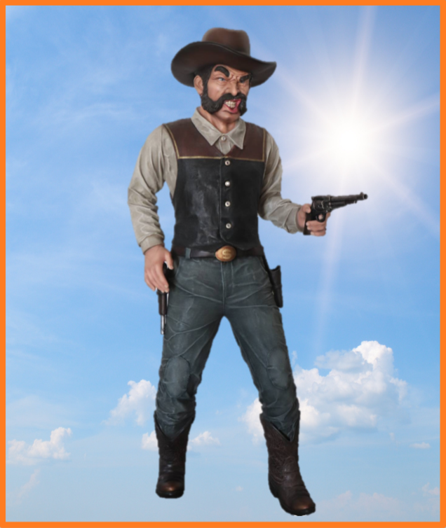 -
Cowboy / Gunfighter med Colt pistol
Materiale: Glasfiber
Højde: 190 cm.