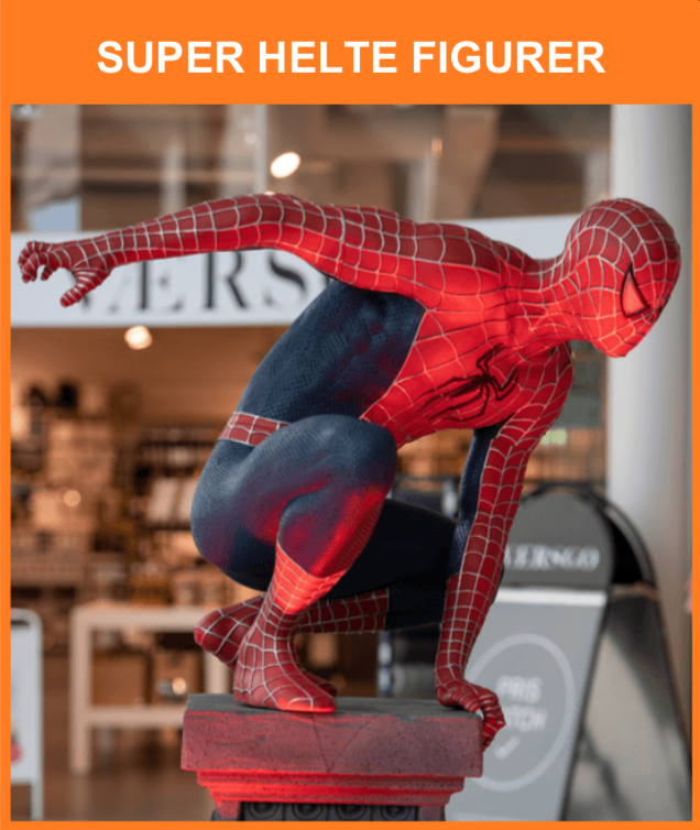 Vi udlejer over 20 forskellige "full Size" Superhelte figurer, fra Spiderman til jokeren