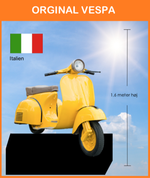 -
Original Vespa Scooter
Opstillet på podie med Italiensk flag og info. skilt

Størrelse: 1 x 2 x 030 meter.