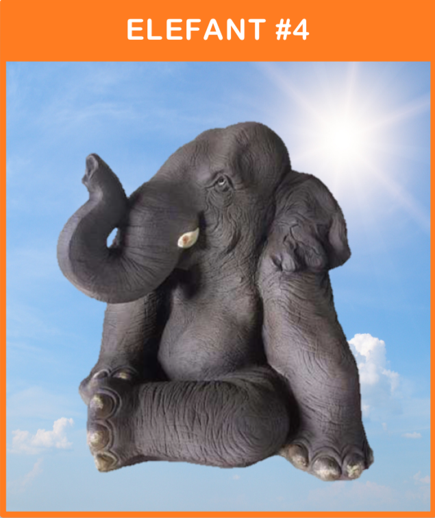 -
Elefant #4
Siddende Elefant med løftet snabel
Materiale: Glasfiber
Størrelse: 51 cm. høj