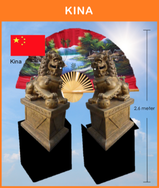 Kina
Tempel løver, bambus, flag og info. stander m.m.
Størrelse: Opbygges efter aftale
*