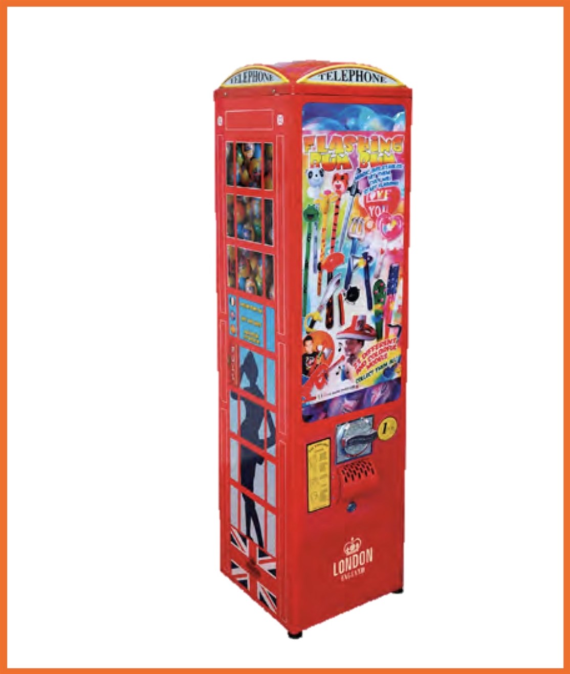 B017
Stor Telefon Automat
Kapasitet. 180xØ90 / 15xØ95 / 130xØ100 cm. bolde
Størrelse: L. 37 x D. 39 x 155 cm.
Farve: Rød
Vægt: 32 kg.
Møntindkast: Efter ønske
Produceret i: Italien
*