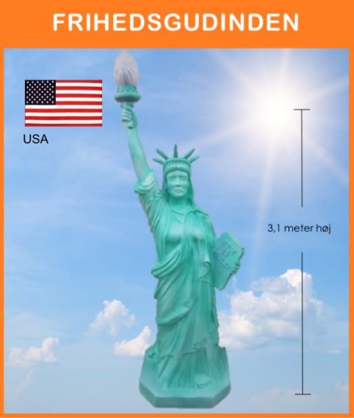 Frihedsgudinden
Udstilles på podie med det USA flag på flagstang, lys i lampe og med info. skilt.
Størrelse: 1,3 x 1,3 x 3,1 meter
*