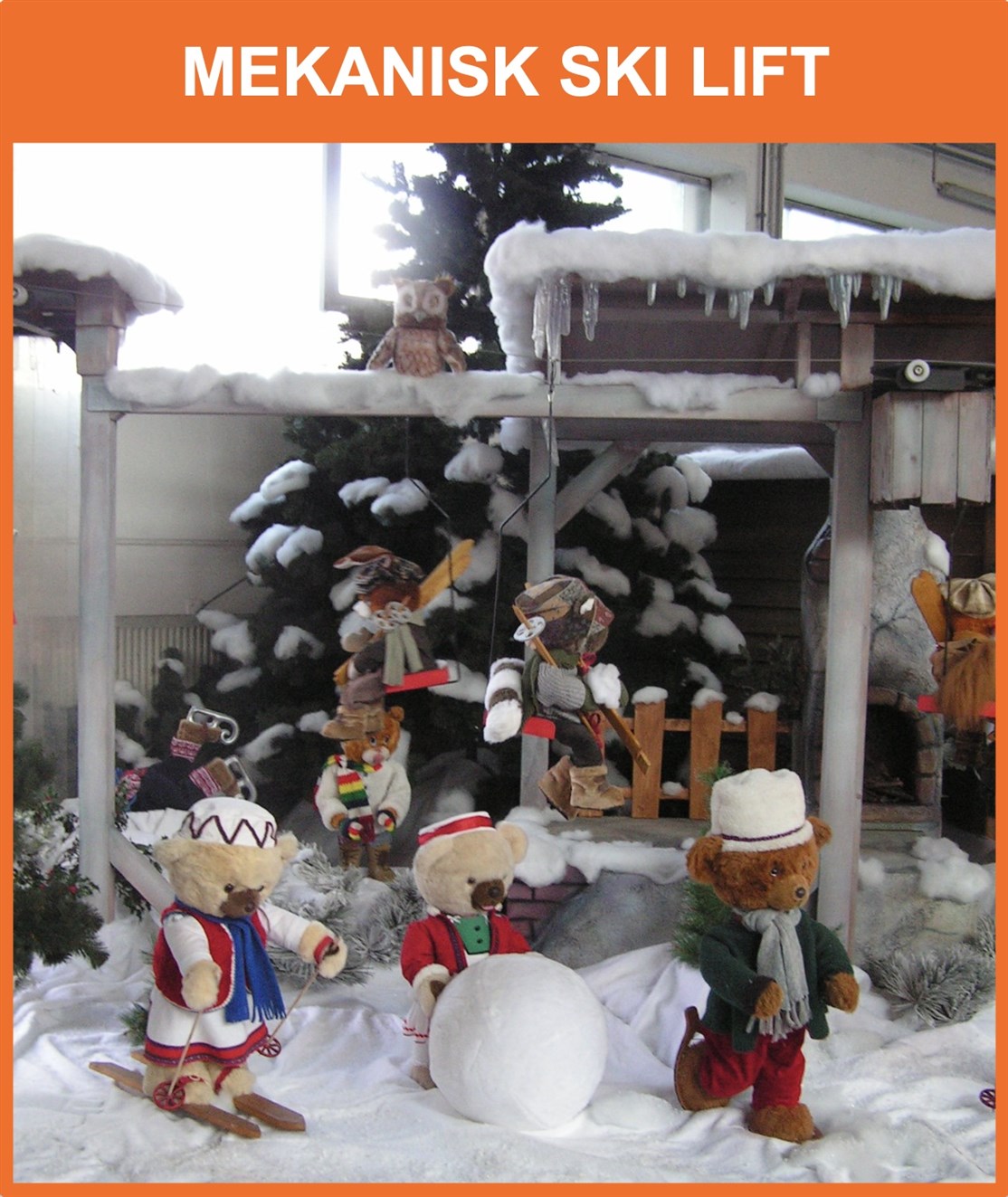 Vi tilbyder større mekaniske og interaktive udstillings ting til juleudstillinger bl.a. denne store skilift med jule dyr og sne
*