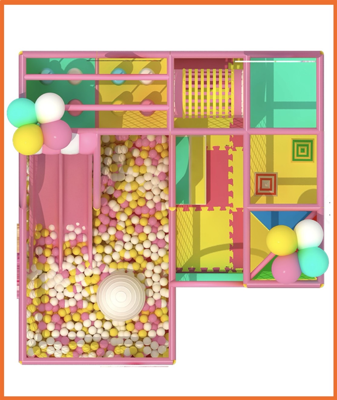 4 x 4 meter legeland i 2 etager til mindre børn
Her set fra oven
*