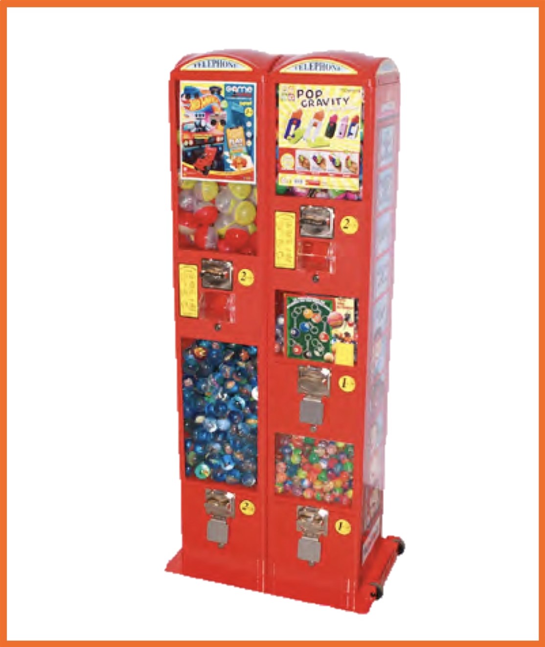 B005
Ny London Automat X3 Dobbelt
Kapasitet. 400 stk. Ø47 eller 120 stk. Ø65 cm.
Størrelse: L. 65 x D. 42 x H. 147 cm.
Farve: Rød
Vægt: 30 kg.
Møntindkast: Efter ønske
Produceret i: Italien
*