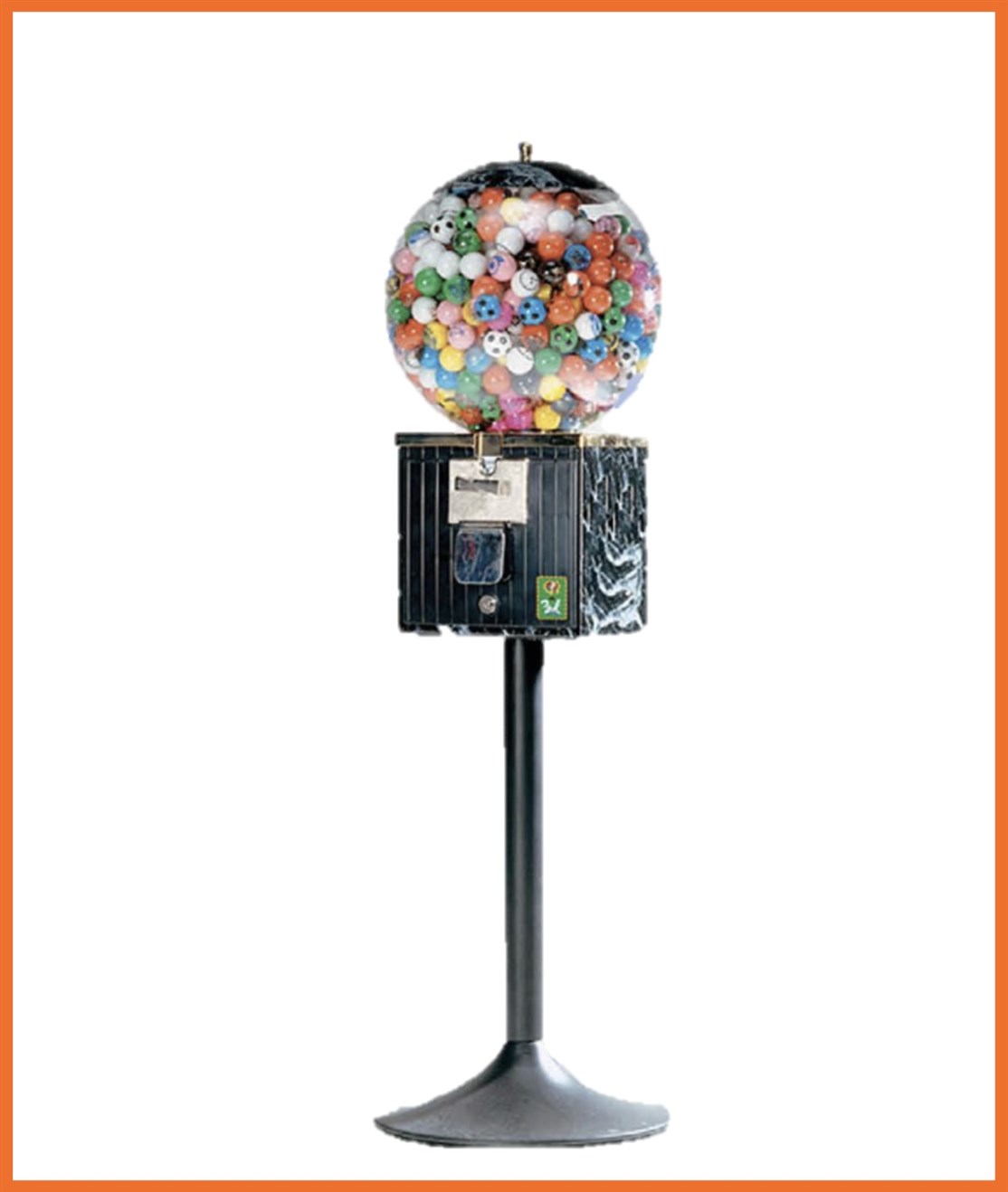 " F004 / SRVMMBD02
US Bold Automat på stel
Kapasitet. 1.000 stk. str. Ø32 mm. bolde
Størrelse: Ø 35 cm.
Farve: Sort
Vægt: 11 kg.
Møntindkast: Efter ønske
Produceret i: Italien
*